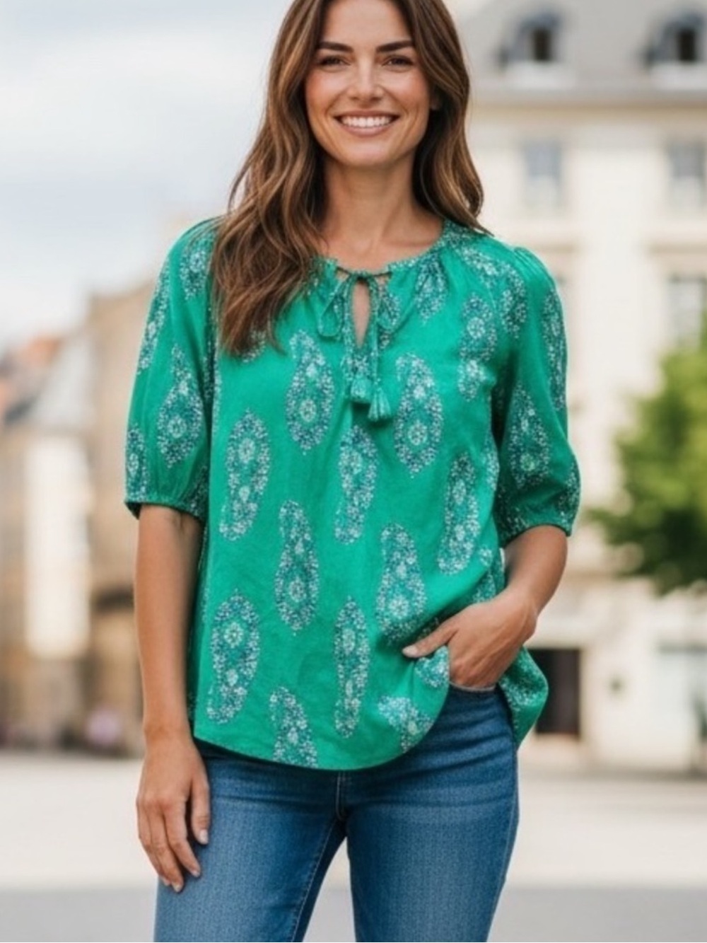 Knox Rose Green Paisley Tie Neck Blouse